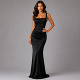Ruched Satin Maxi Dress with Cowl Neck and Wide Straps
