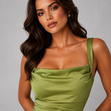 Ruched Satin Maxi Dress with Cowl Neck and Wide Straps