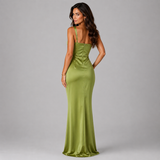 Ruched Satin Maxi Dress with Cowl Neck and Wide Straps