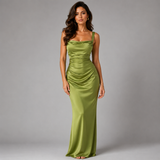 Ruched Satin Maxi Dress with Cowl Neck and Wide Straps