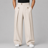 Wide-Leg Pleated Trousers with Button Waist