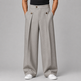 Wide-Leg Pleated Trousers with Button Waist