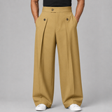 Wide-Leg Pleated Trousers with Button Waist