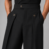 Wide-Leg Pleated Trousers with Button Waist