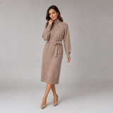 Belted Turtleneck Knit Midi Dress with Button Detail