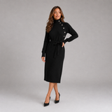 Belted Turtleneck Knit Midi Dress with Button Detail