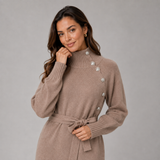 Belted Turtleneck Knit Midi Dress with Button Detail