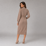 Belted Turtleneck Knit Midi Dress with Button Detail