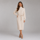 Belted Turtleneck Knit Midi Dress with Button Detail
