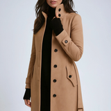 Women's Long Coat with Stand Collar and Button Front