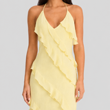 Women's Spaghetti Strap Maxi Dress - Tiered Ruffle Halter Neck