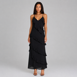 Women's Spaghetti Strap Maxi Dress - Tiered Ruffle Halter Neck