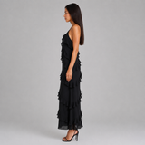 Women's Spaghetti Strap Maxi Dress - Tiered Ruffle Halter Neck