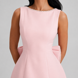 Wedding Guest A-Line Mini Dress with Pearl Trim & Bow