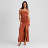 Satin Slip Maxi Dress with Spaghetti Straps & Leg Slit