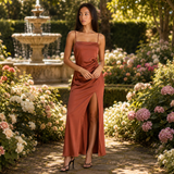 Satin Slip Maxi Dress with Spaghetti Straps & Leg Slit