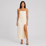 Satin Slip Maxi Dress with Spaghetti Straps & Leg Slit