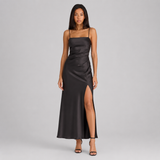 Satin Slip Maxi Dress with Spaghetti Straps & Leg Slit