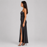 Satin Slip Maxi Dress with Spaghetti Straps & Leg Slit
