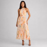 Halter Neck Watercolor Print Maxi Dress with Cutout Waist