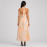 Halter Neck Watercolor Print Maxi Dress with Cutout Waist