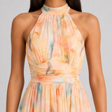 Halter Neck Watercolor Print Maxi Dress with Cutout Waist