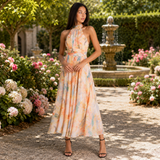 Halter Neck Watercolor Print Maxi Dress with Cutout Waist