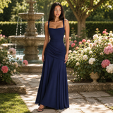 Square Neck Ruched Maxi Dress with Side Slit