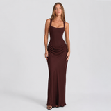 Square Neck Draped Bodycon Maxi Dress with Train