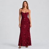 Floral Applique Bustier Mermaid Maxi Dress with Spaghetti Straps