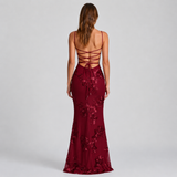 Floral Applique Bustier Mermaid Maxi Dress with Spaghetti Straps