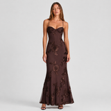 Floral Applique Bustier Mermaid Maxi Dress with Spaghetti Straps