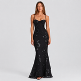 Floral Applique Bustier Mermaid Maxi Dress with Spaghetti Straps