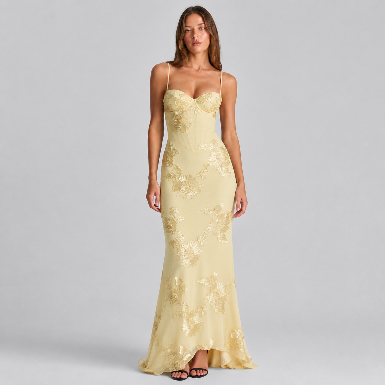 Floral Applique Bustier Mermaid Maxi Dress with Spaghetti Straps