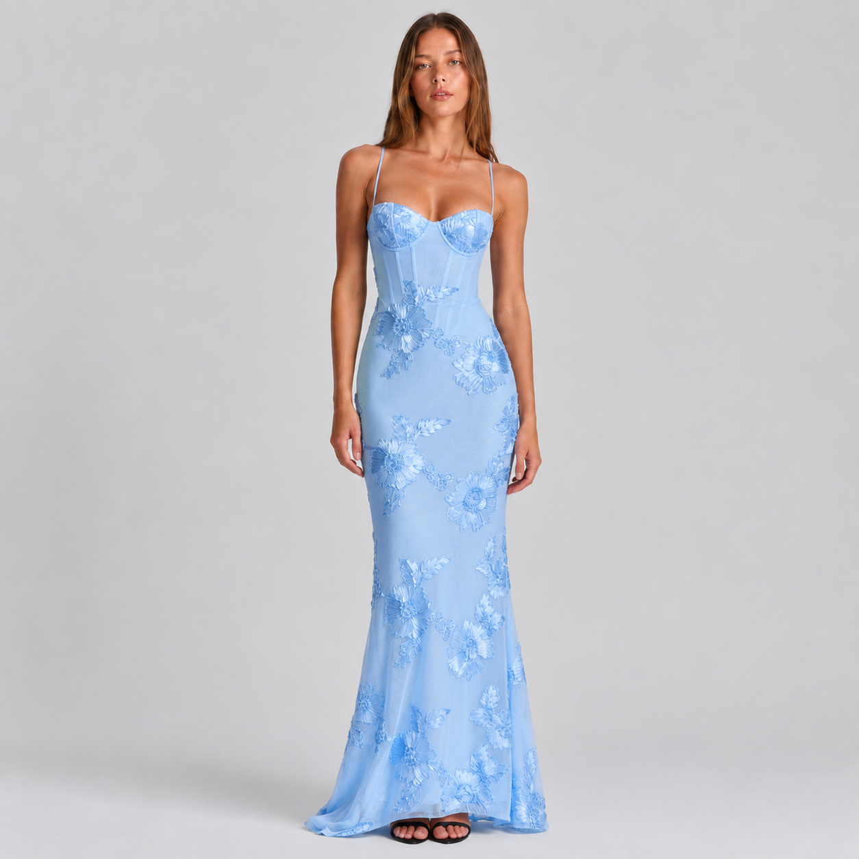 Floral Applique Bustier Mermaid Maxi Dress with Spaghetti Straps