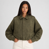 Oversized Suede Cropped Zip-Up Bomber Jacket for Women