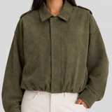 Oversized Suede Cropped Zip-Up Bomber Jacket for Women
