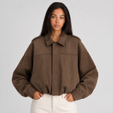 Oversized Suede Cropped Zip-Up Bomber Jacket for Women