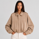 Oversized Suede Cropped Zip-Up Bomber Jacket for Women