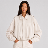 Oversized Suede Cropped Zip-Up Bomber Jacket for Women