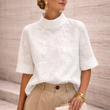 Floral Embroidered Top with Mock Neck and Half Sleeves