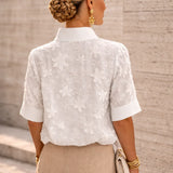 Floral Embroidered Top with Mock Neck and Half Sleeves