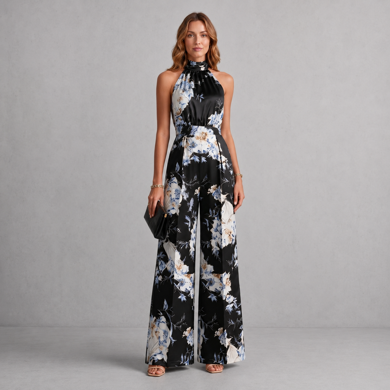 Floral Wide-Leg Jumpsuit with Halter Neck and Pleated Waist