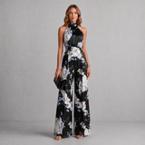 Floral Wide-Leg Jumpsuit with Halter Neck and Pleated Waist