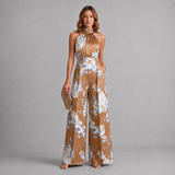 Floral Wide-Leg Jumpsuit with Halter Neck and Pleated Waist