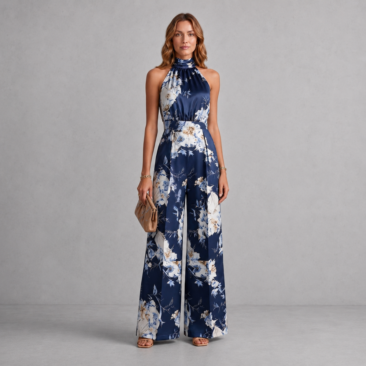 Floral Wide-Leg Jumpsuit with Halter Neck and Pleated Waist