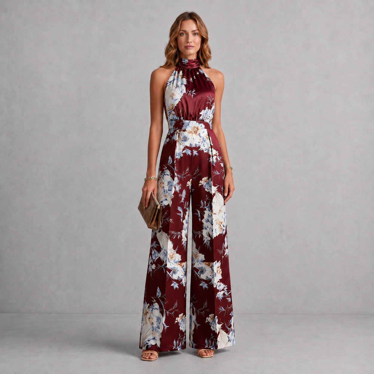 Floral Wide-Leg Jumpsuit with Halter Neck and Pleated Waist