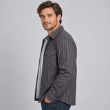 Striped Shirt Jacket with Button Front and Flap Pocket