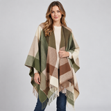 Color Block Poncho Cape with Fringe Hem