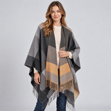 Color Block Poncho Cape with Fringe Hem